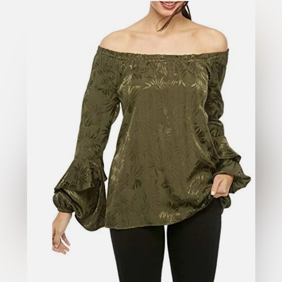 Michael Kors Jacquard Satin Off Shoulder Top Ivy Pattern Bell Puff Sleeve NWT Sm - Picture 3 of 10